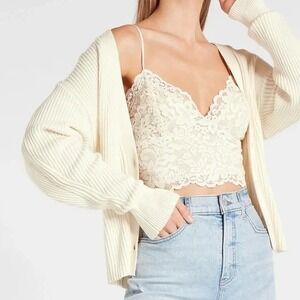 EXPRESS Cream Lined Lace Smocked Base Layer Cami Women L Crop Top Ethereal Boho*